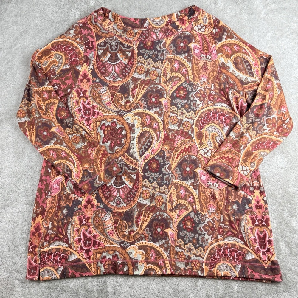 Soft Surroundings Tunic Top Women 1X Orange Berry Paisley Boat Neck Boho Peasant